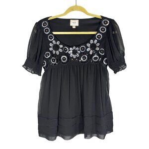 Retro Floral Sheer Sequin Babydoll Top Black 4 Chiffon Smocked Y2K Neutral 80s